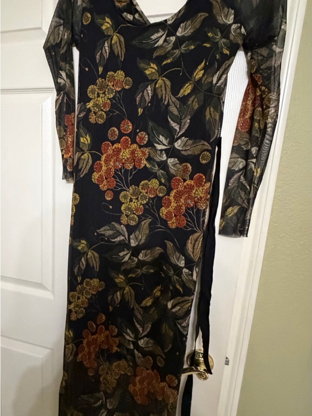 Black Floral Long-Sleeve Maxi Dress with Rust and Mustard Blooms